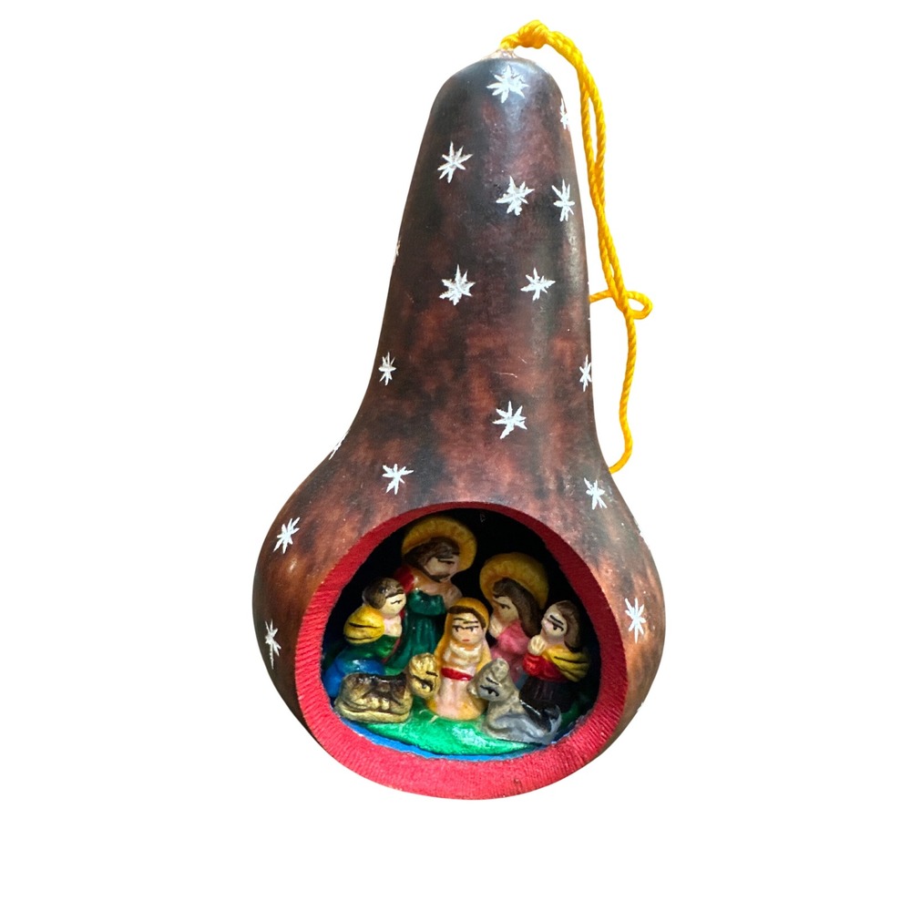 Vintage Diorama Carved painted Gourd Christmas Nativity Folk Art Ornament Mexico